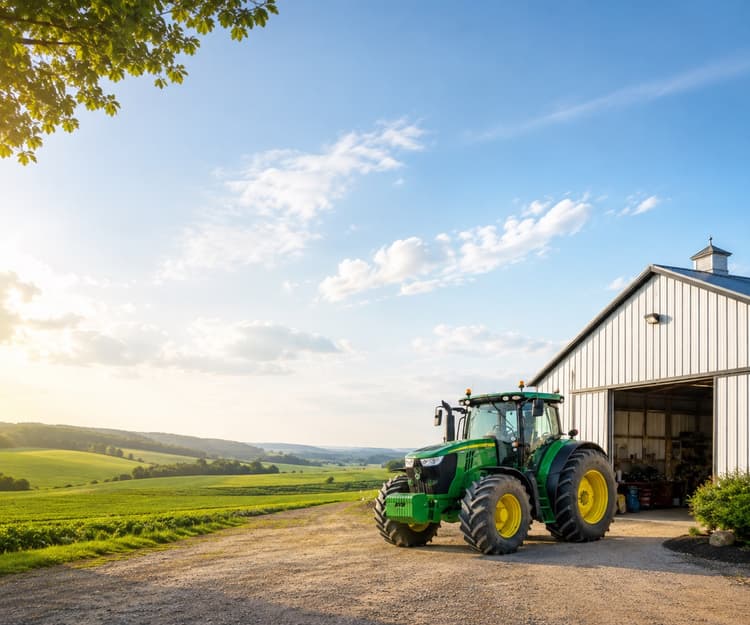 Green tractor parked by the barn on a farm